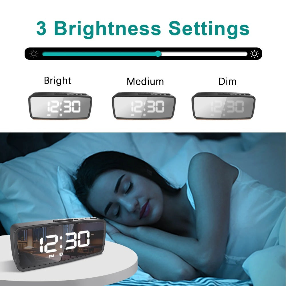 USB-Rechargeable LED Mirror Digital Alarm Clock with Snooze Mode