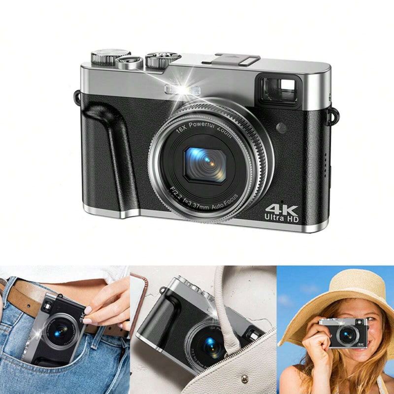 4K Digital Camera, 48MP Vlogging Camera with 32GB SD Card, LED Flash, Autofocus, 16X Zoom, 2 Batteries