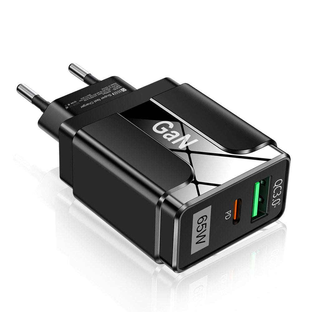 65W GaN Dual USB PD Charger, 33W USB-A QC3.0 Fast Charger, EU Plug for iPhone 14, iPad, Hui, Xiaomi