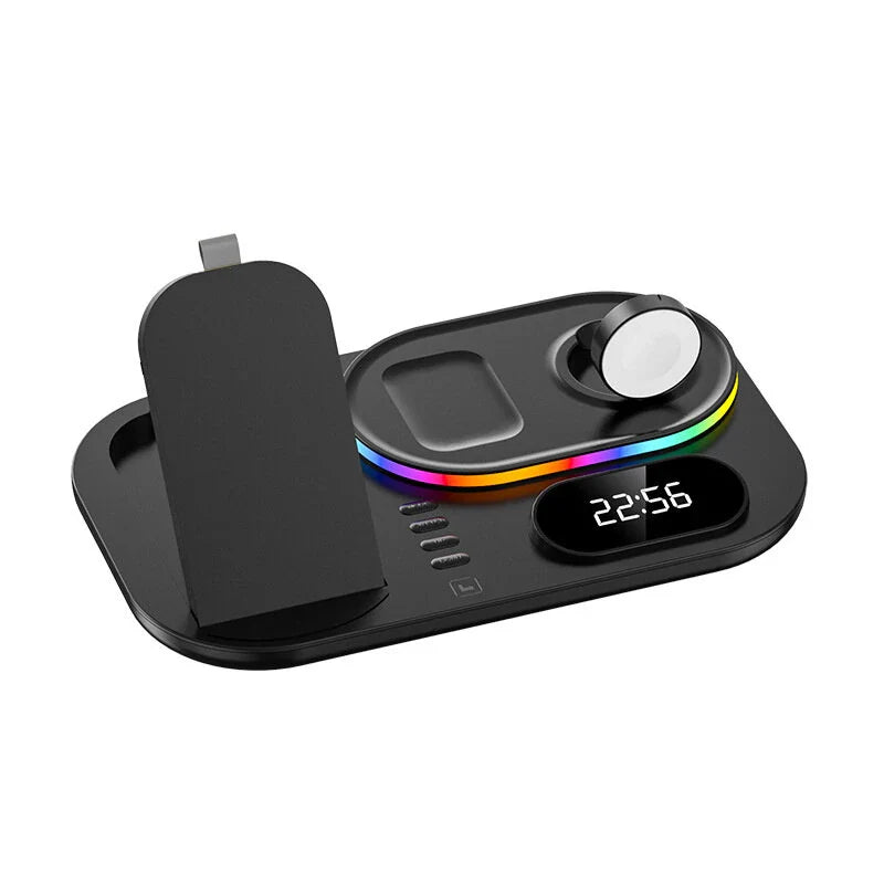 15W 4-in-1 Wireless Charger with Clock & RGB Lights for iPhone, Samsung, AirPods, Apple Watch