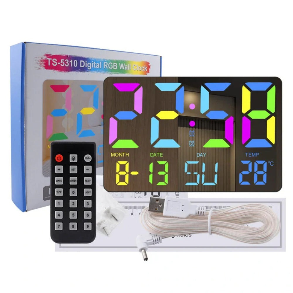 RGB Rainbow Digital Wall Clock with LED Display, Snooze, Remote, Auto Brightness, Temperature, Date, Week, 12/24H - Ideal for Home, Office, Classroom