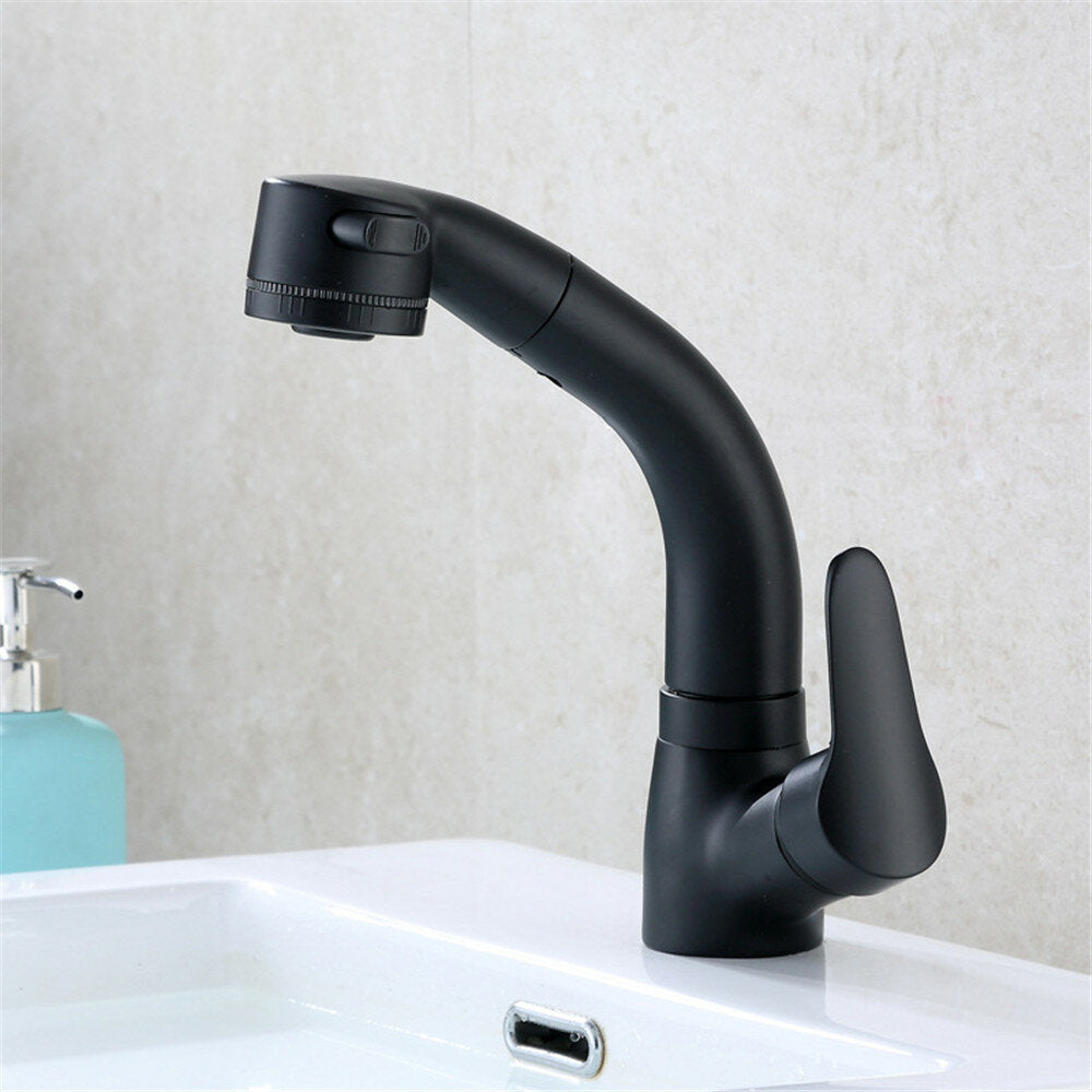 Pull Out Bathroom Faucet Wall Mounted Basin Sink Mixer Hot and Cold 360 Degree Rotating Retractable Water Tap