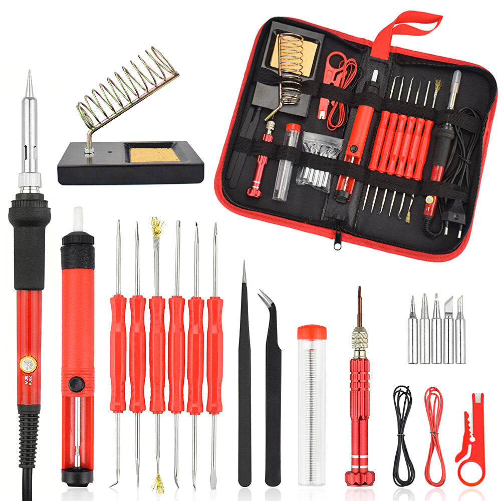 26Pcs 60W Multi-functional Electric Solder Iron Kit Screwdriver Desoldering Pump Tip Wire Pliers + Tool Bag EU Plug/US Plug