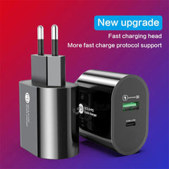 2-Port USB PD Charger, USB-A+USB-C, QC3.0 Fast Wall Adapter, EU Plug for iPhone, Hui, Samsung, Xiaomi