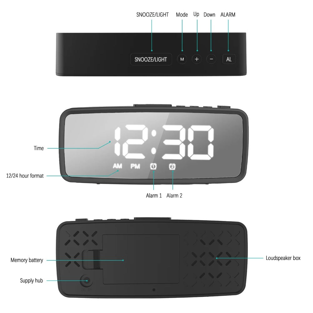 USB-Rechargeable LED Mirror Digital Alarm Clock with Snooze Mode