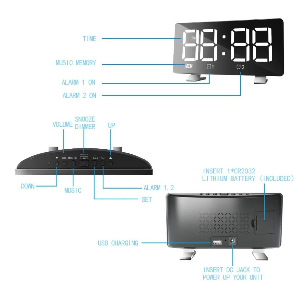 LED Digital Alarm Clock with Mirror, USB Charging, Adjustable Brightness, 10 Music Options, and Memory Function