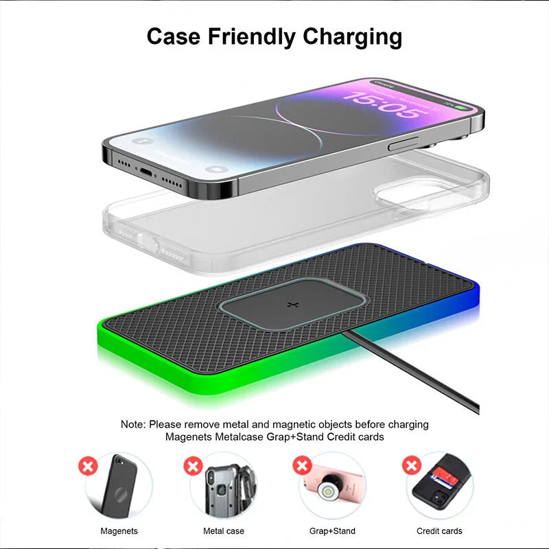 RGB Fast Wireless Charger for Qi Phones: iPhone 15/14/13, Mate60 Pro, AirPods. Includes 1M Cable.