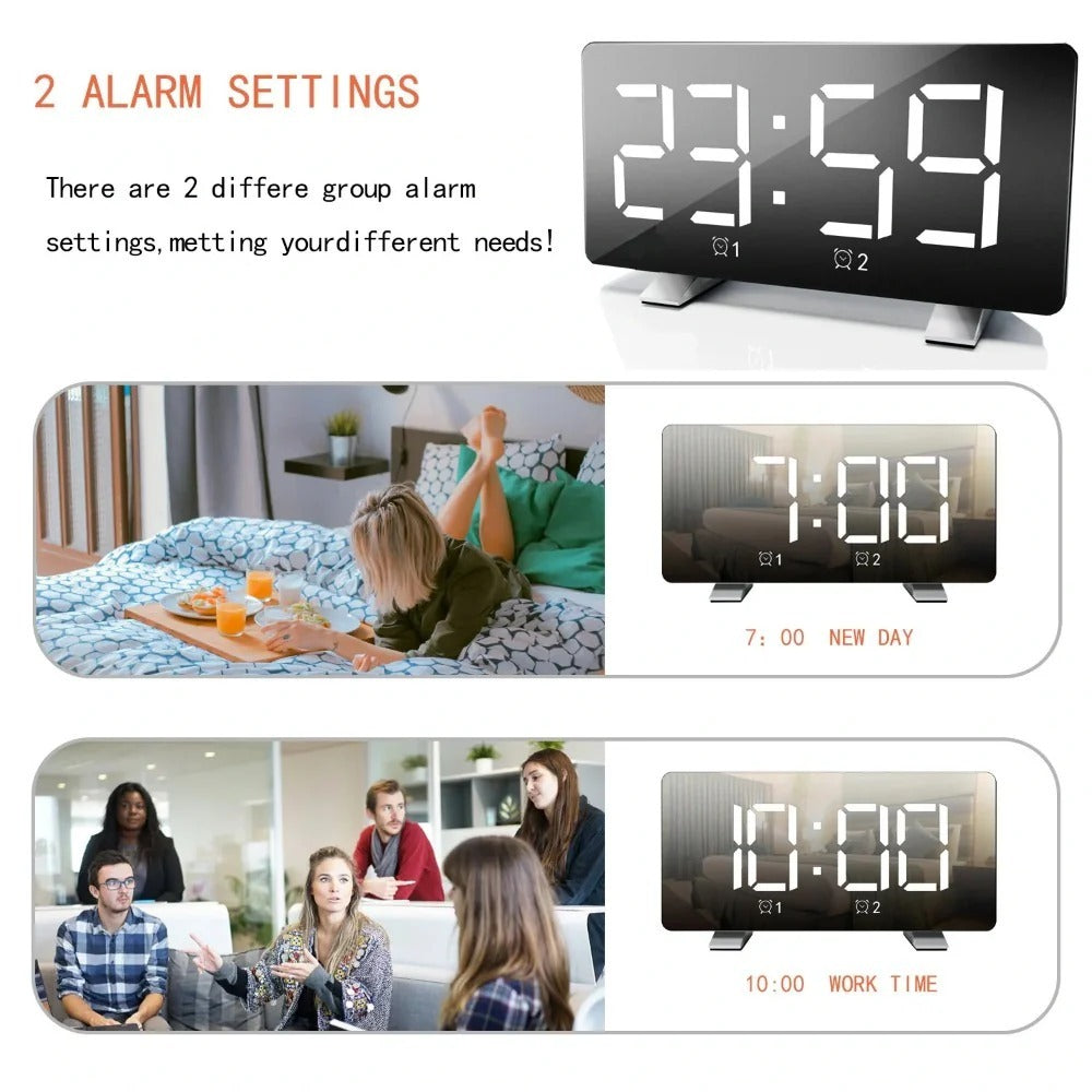 LED Digital Alarm Clock with Mirror, USB Charging, Adjustable Brightness, 10 Music Options, and Memory Function