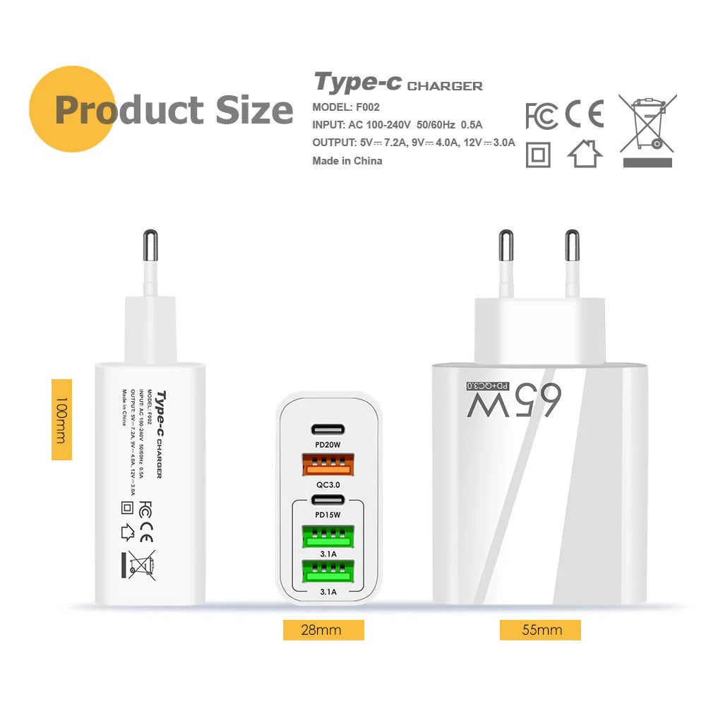 65W 5-Port USB PD Charger, Fast Charging Wall Adapter, EU Plug for iPhone, Samsung, Redmi, Oppo