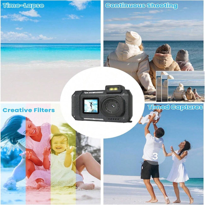 33FT 4K Waterproof Underwater Camera, 65MP Dual-Screen Selfie, Rugged Dustproof Shockproof, 64GB Card Included