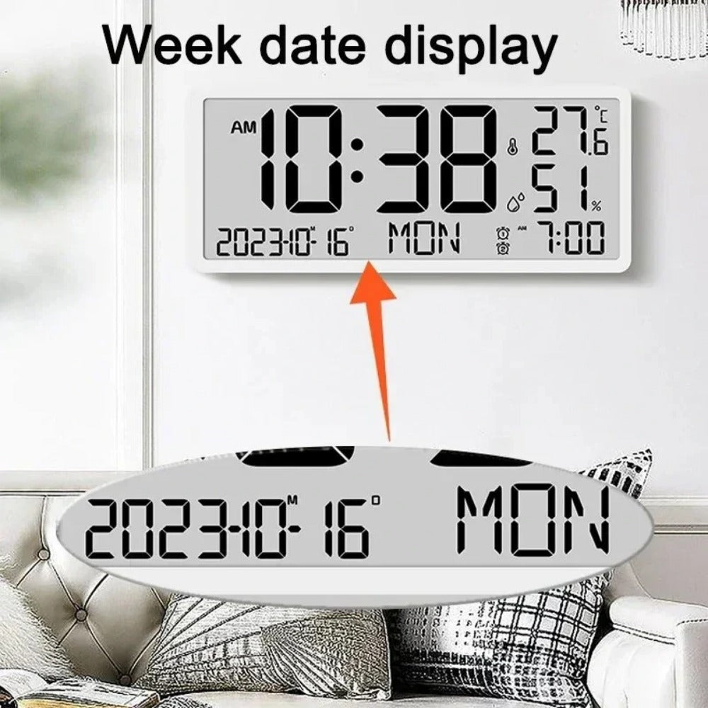 Large LCD Digital Wall Clock with Temperature and Humidity Display, Alarm, Desktop and Hanging Options for Home and Office