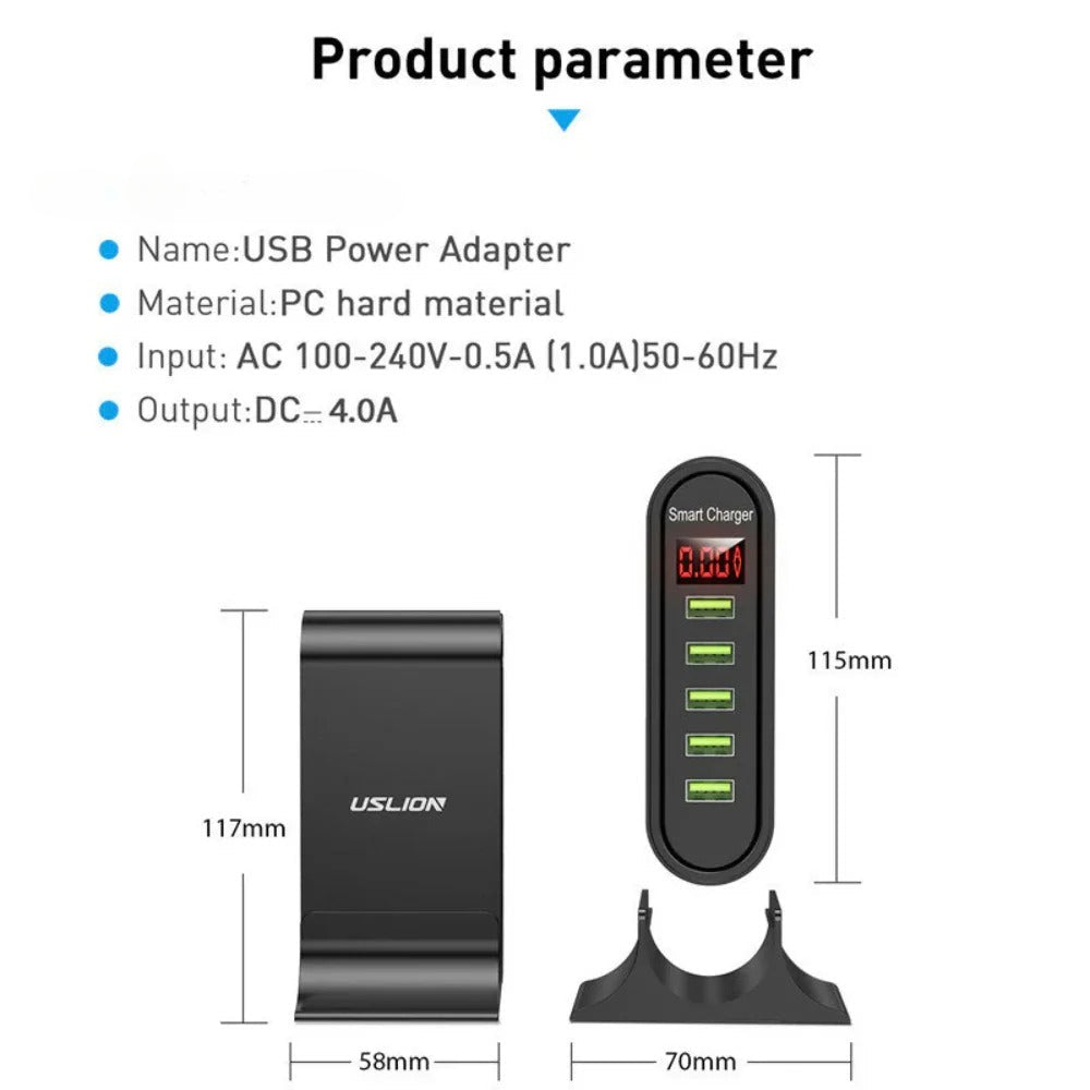 4A 5-Port USB Charger Fast Charging Station Adapter for iPhone, Hui, Samsung, Xiaomi