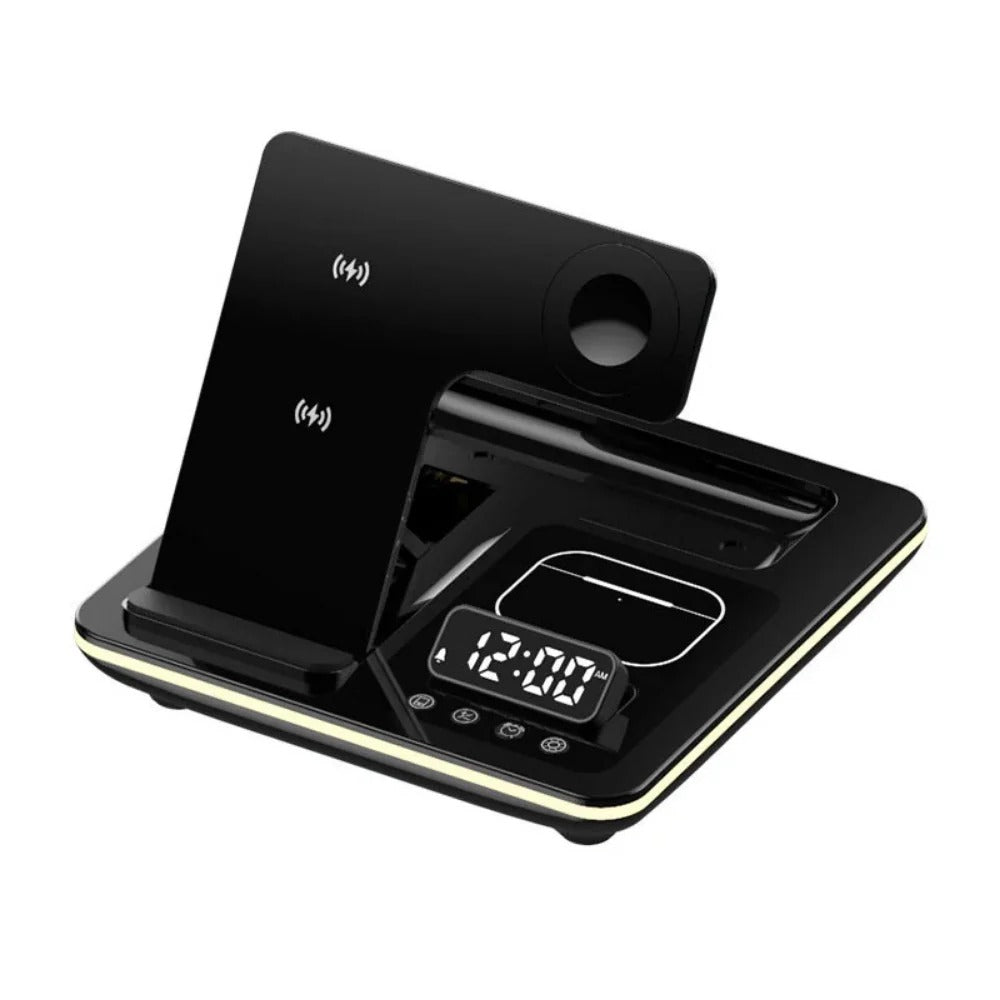 5-in-1 15W RGB Wireless Charger with Alarm Clock for iPhone, Xiaomi, Hui, AirPods, Apple Watch