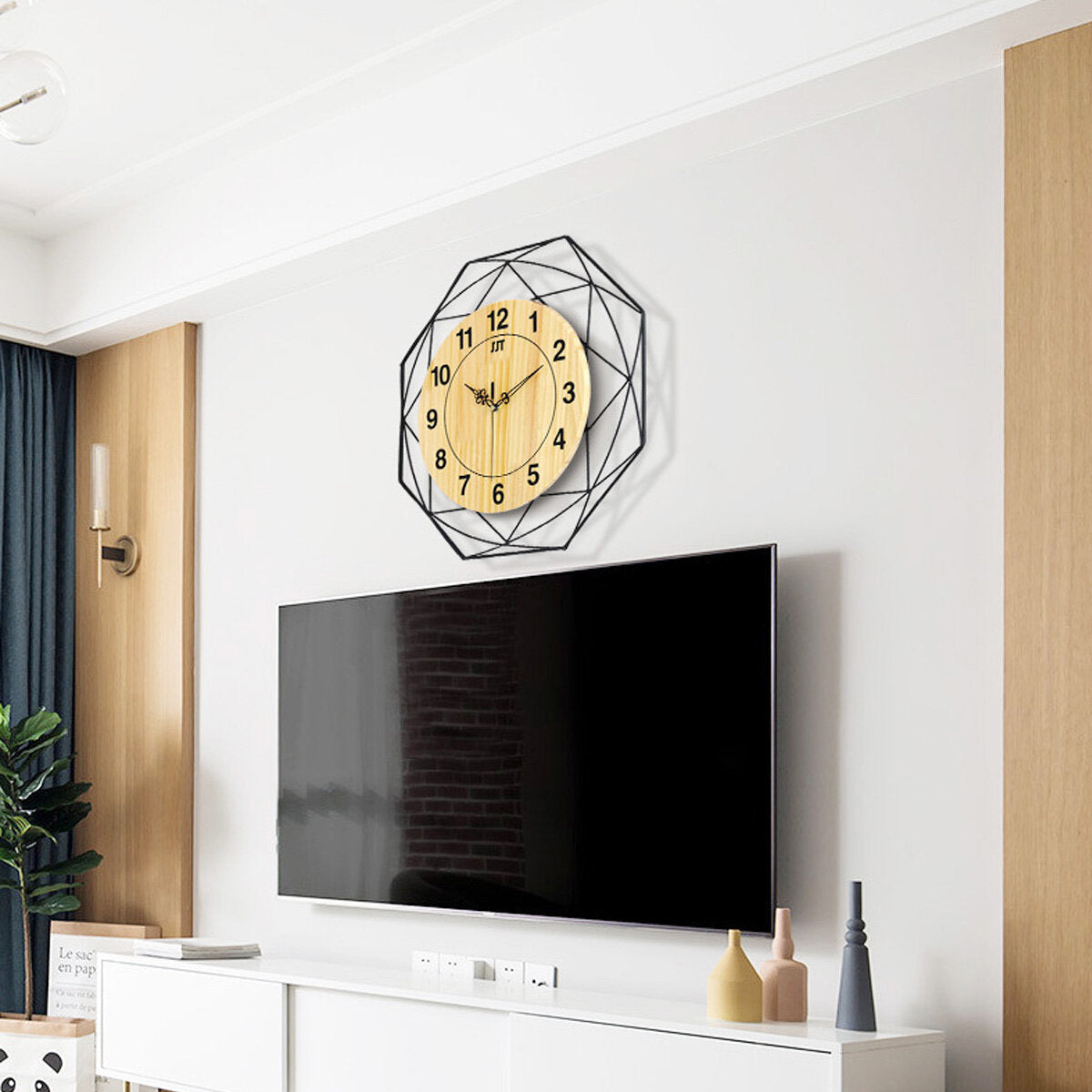 Clear Wide Large Wood 42cm Wall Clock With Bird Stickers For Study Living Room