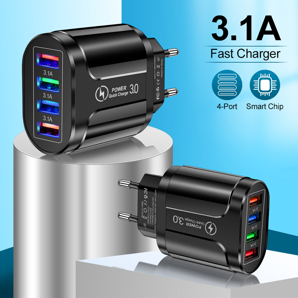 4-Port USB Fast Charger QC3.0 Wall Adapter EU/US/UK Plug for iPhone, Samsung, Xiaomi