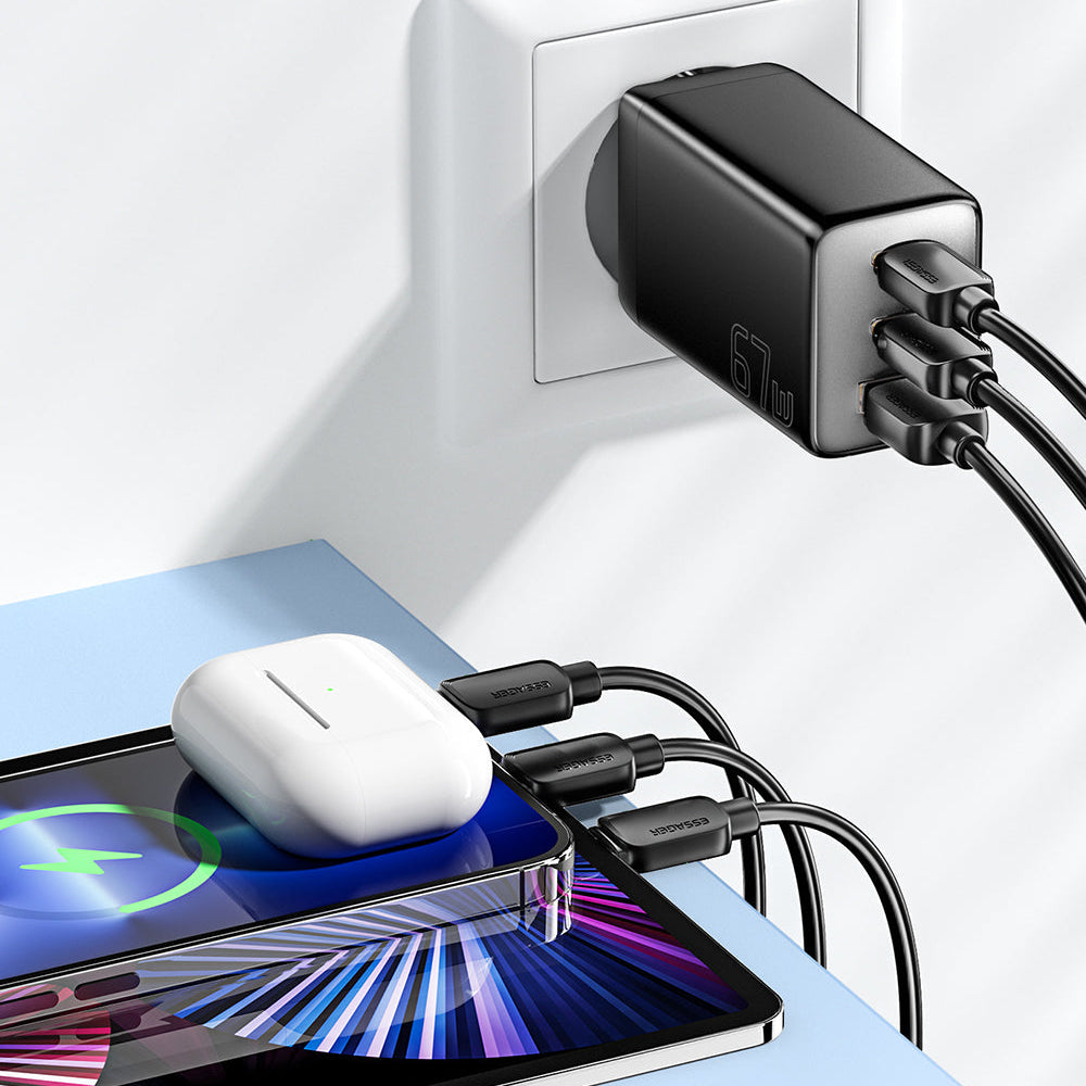 67W GaN 3-Port USB PD Charger: 2USB-C+USB-A Fast Charging Adapter for iPhone, Xiaomi, Hui, Samsung