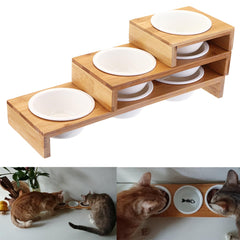 Elevated Dog Cat Bamboo Pet Feeder Ceramic Bowl Raised Stand 3 Size Durable