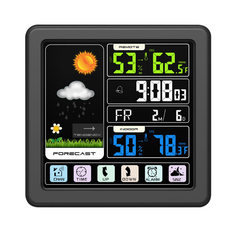 Full Touch Screen Wireless Weather Station Multi-function Color Screen Indoor and Outdoor Temperature Humidity Meter Clock