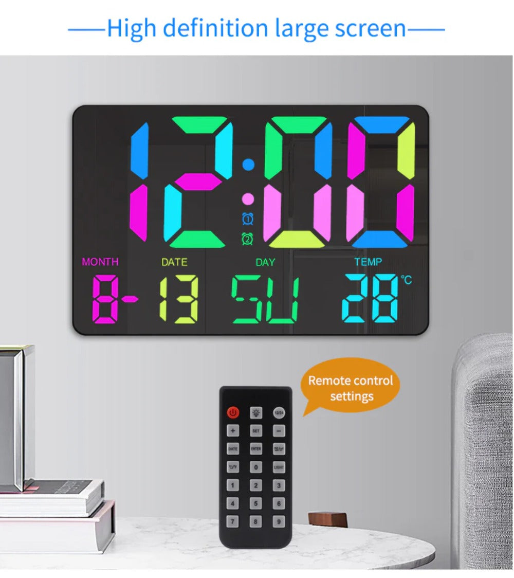 RGB Rainbow Digital Wall Clock with LED Display, Snooze, Remote, Auto Brightness, Temperature, Date, Week, 12/24H - Ideal for Home, Office, Classroom