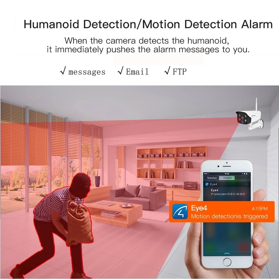 HD Smart IP Camera Full Color Night Vision AI Intelligence Two Way Audio Smoke Alarm Detection Outdoor Waterproof Security Camera