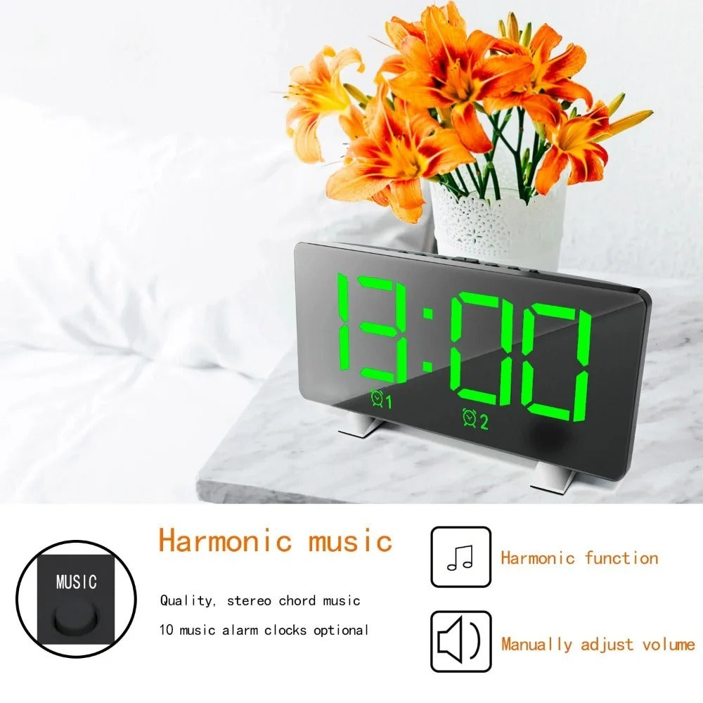 LED Digital Alarm Clock with Mirror, USB Charging, Adjustable Brightness, 10 Music Options, and Memory Function