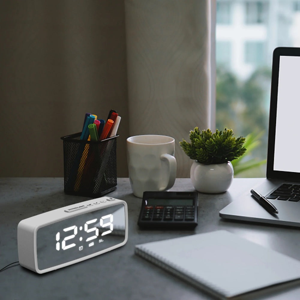 USB-Rechargeable LED Mirror Digital Alarm Clock with Snooze Mode