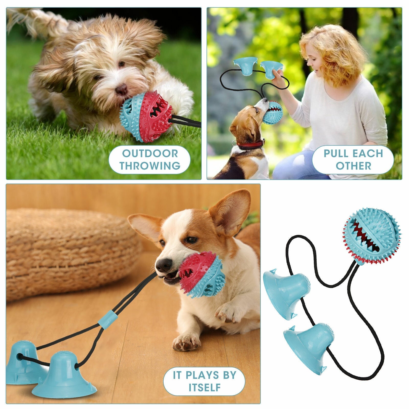 Dog Chew Toys Dog Rope Ball Pull Toy with Double Suction Cup Multi-functional Interactive Dog Tug of War Toy Pet Aggressive Chewers with Teeth Cleaning and Food Dispensing Features