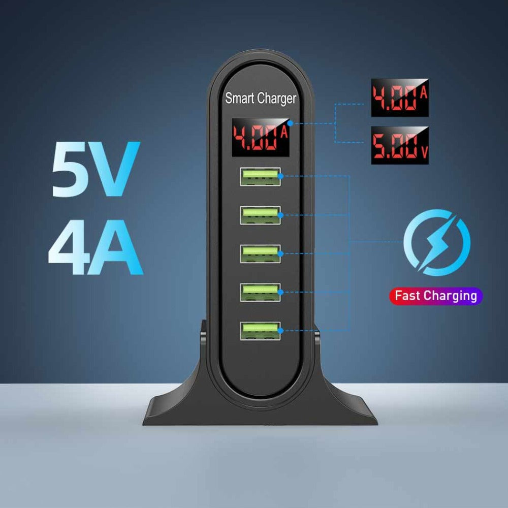 4A 5-Port USB Charger Fast Charging Station Adapter for iPhone, Hui, Samsung, Xiaomi