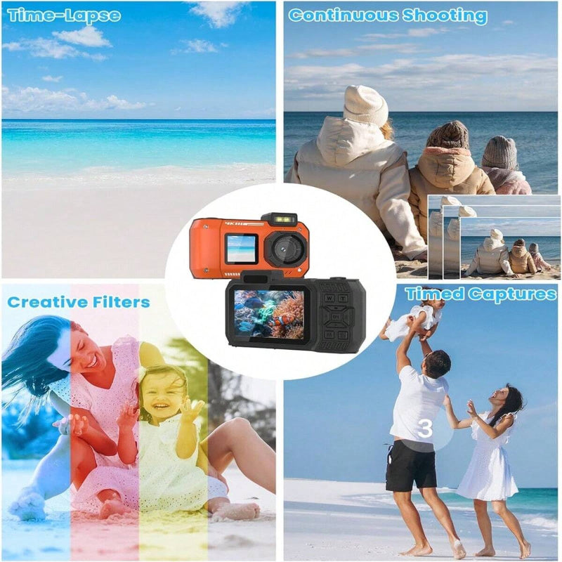 33FT 4K 65MP Waterproof Underwater Camera, Rugged Dustproof Shockproof, Dual-Screen, 64GB Card