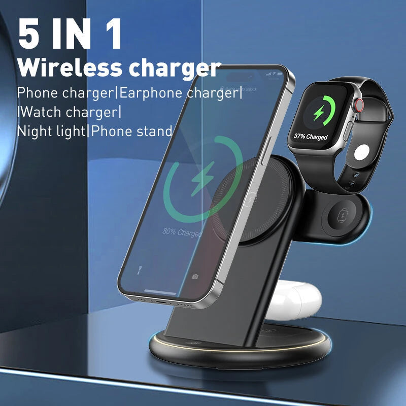 15W Magnetic Wireless Charger Stand: Fast Charging for iPhone 15/14/13, Samsung S24, AirPods, Apple Watch, Night Light