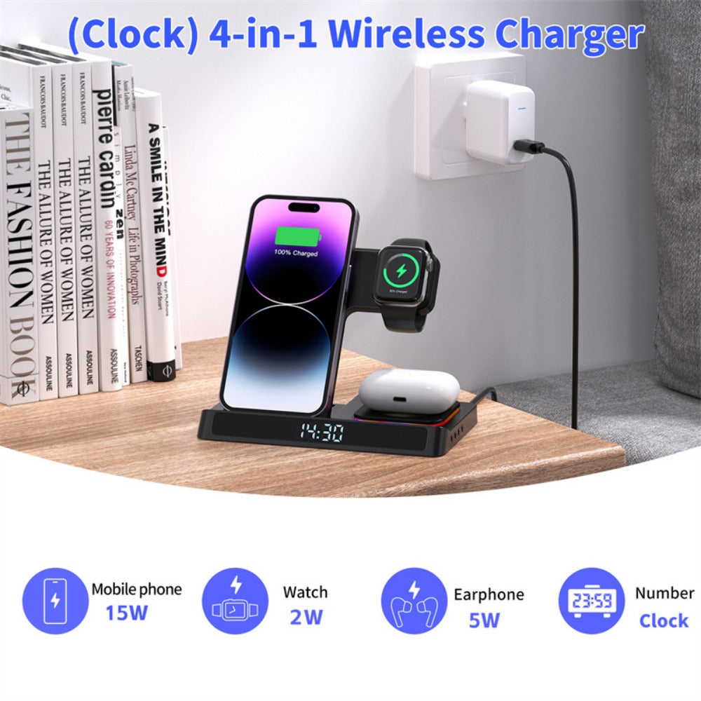 15W Wireless Foldable Charger with Digital Clock for iPhone, Xiaomi, Hui, Apple Watch, AirPods