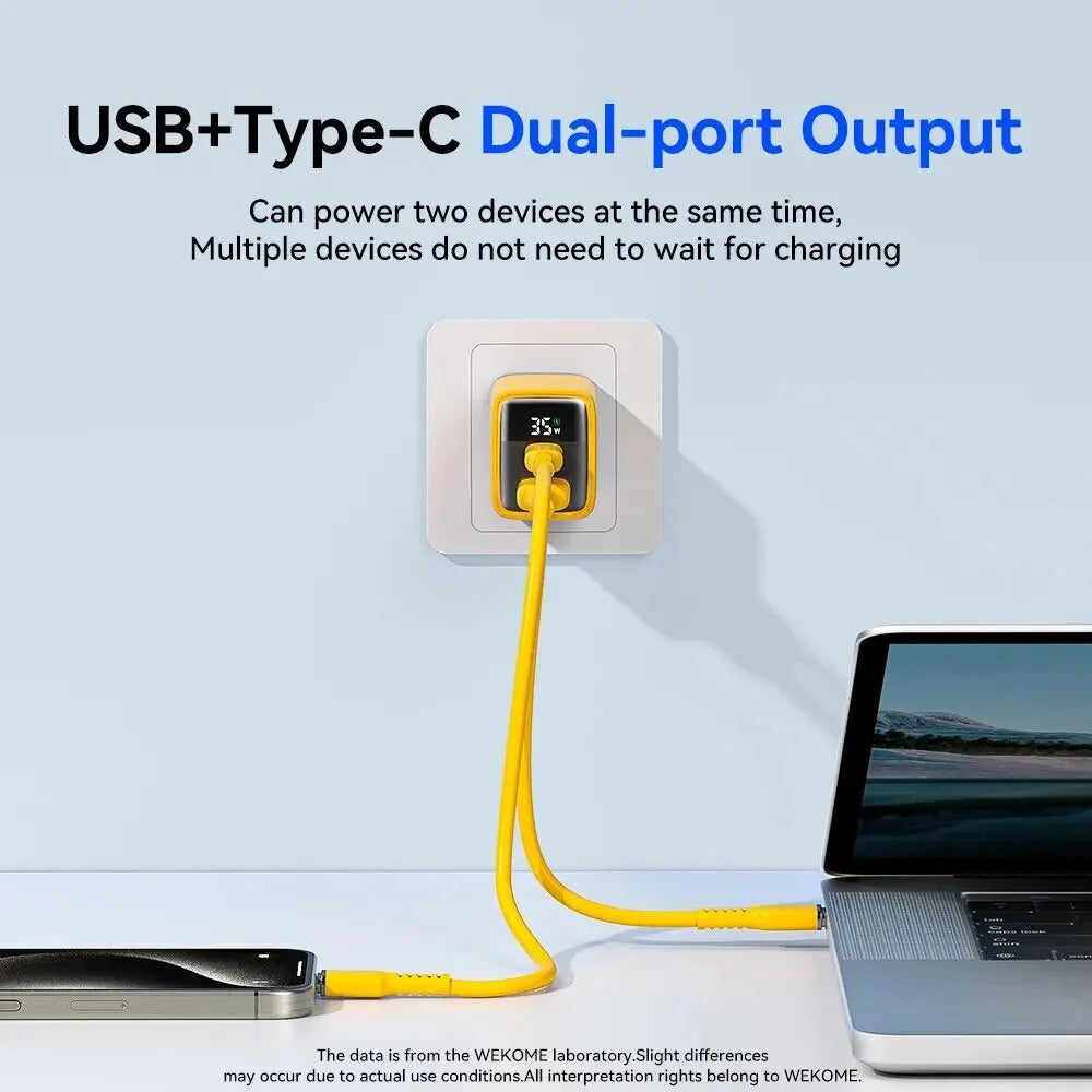 35W GaN USB PD Charger, 2-Port USB-A+USB-C, Fast Charging, Digital Display, EU Plug