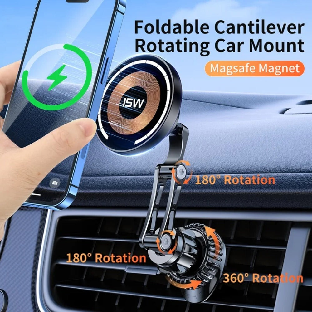 15W Magnetic Car Wireless Charger 360° Rotation Stand for iPhone & Samsung