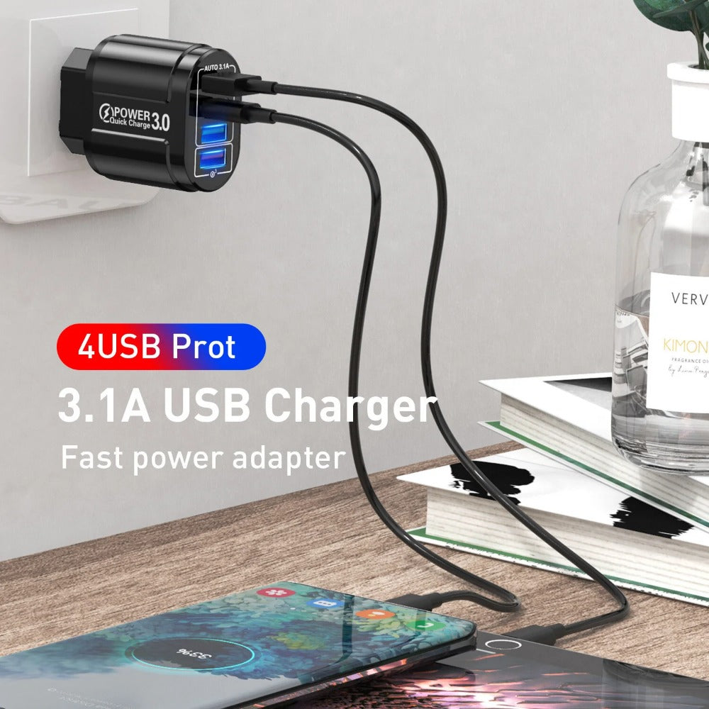 48W 4-Port USB QC 3.0 Fast Charger Wall Adapter for iPhone, Samsung, Xiaomi, Hui