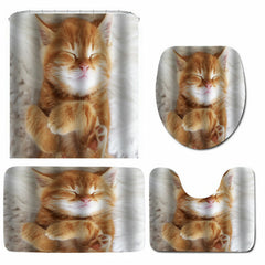 Cat Printing Waterproof Bathroom Shower Curtain Toilet Cover Mat Set