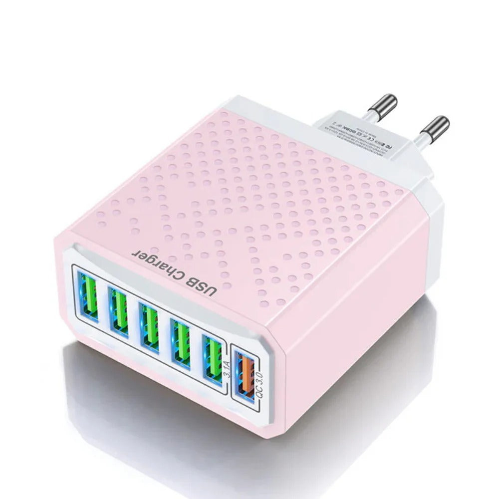 6-Port USB Charger QC3.0 Fast Charging Adapter EU Plug for iPhone, Xiaomi, Hui, Samsung