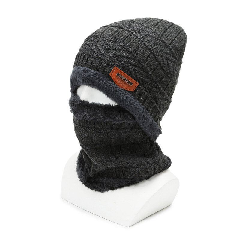 Winter Padded Hat Scarf Set Warm Knitted Cap Thick Fleece Lining Neck Warmer for Men Women