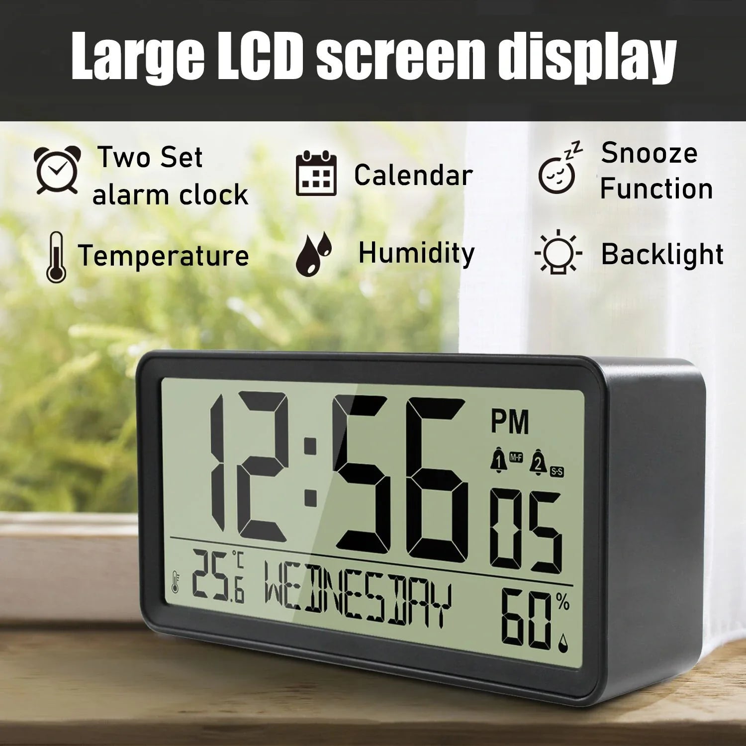 Large LCD Digital Alarm Clock with Thermometer, Hygrometer, and Night Light - Battery Operated with Safe Rounded Corners for Home, Office, and Bedroom