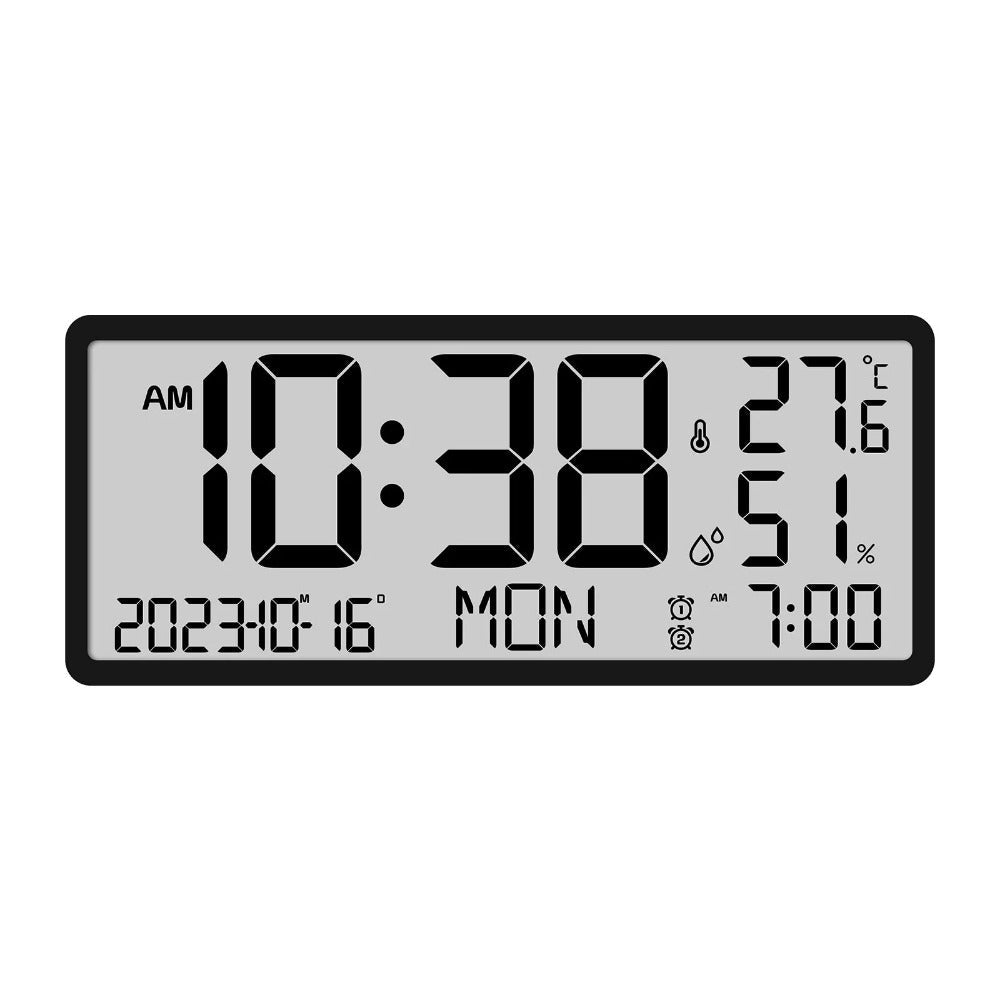 Large LCD Digital Wall Clock with Temperature and Humidity Display, Alarm, Desktop and Hanging Options for Home and Office