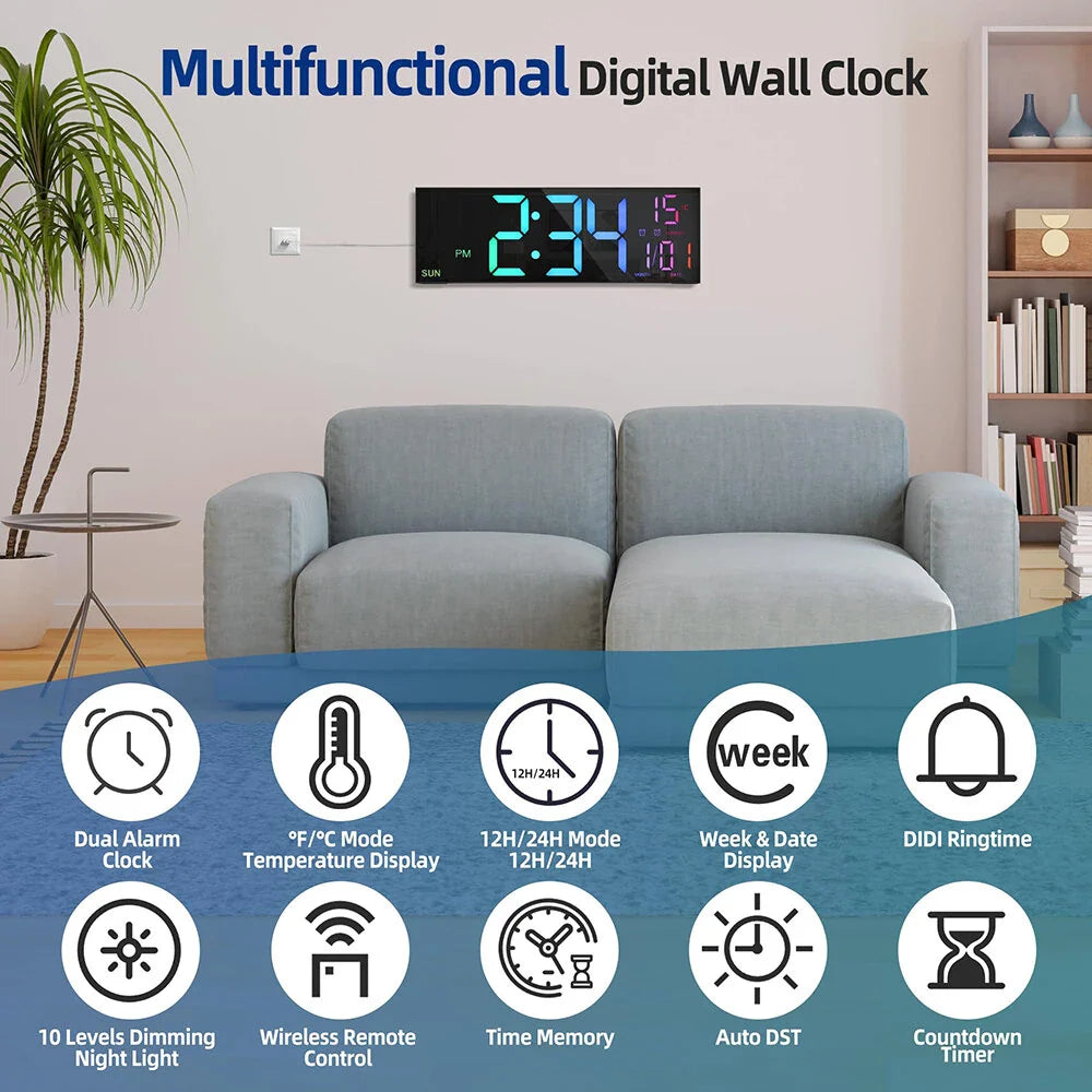 16" LED Digital Wall Clock with Remote, RGB Display, Auto Brightness, Date, Temperature - Ideal for Living Room, Bedroom, Office Decor