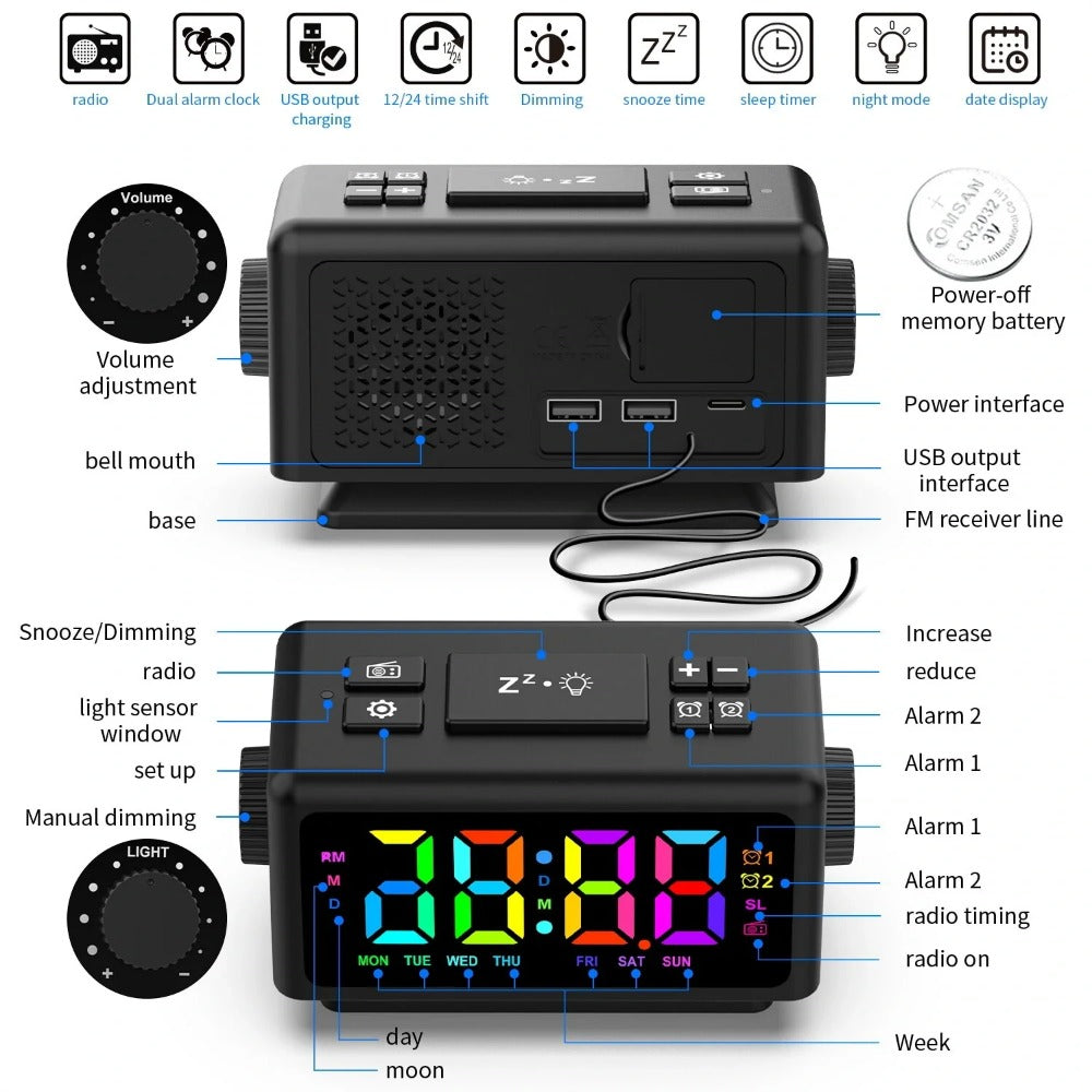 RGB Digital Alarm Clock with FM Radio, Dual Alarms, Snooze, Dynamic Display, 12/24H, Date, USB Charging - Ideal for Home & Office