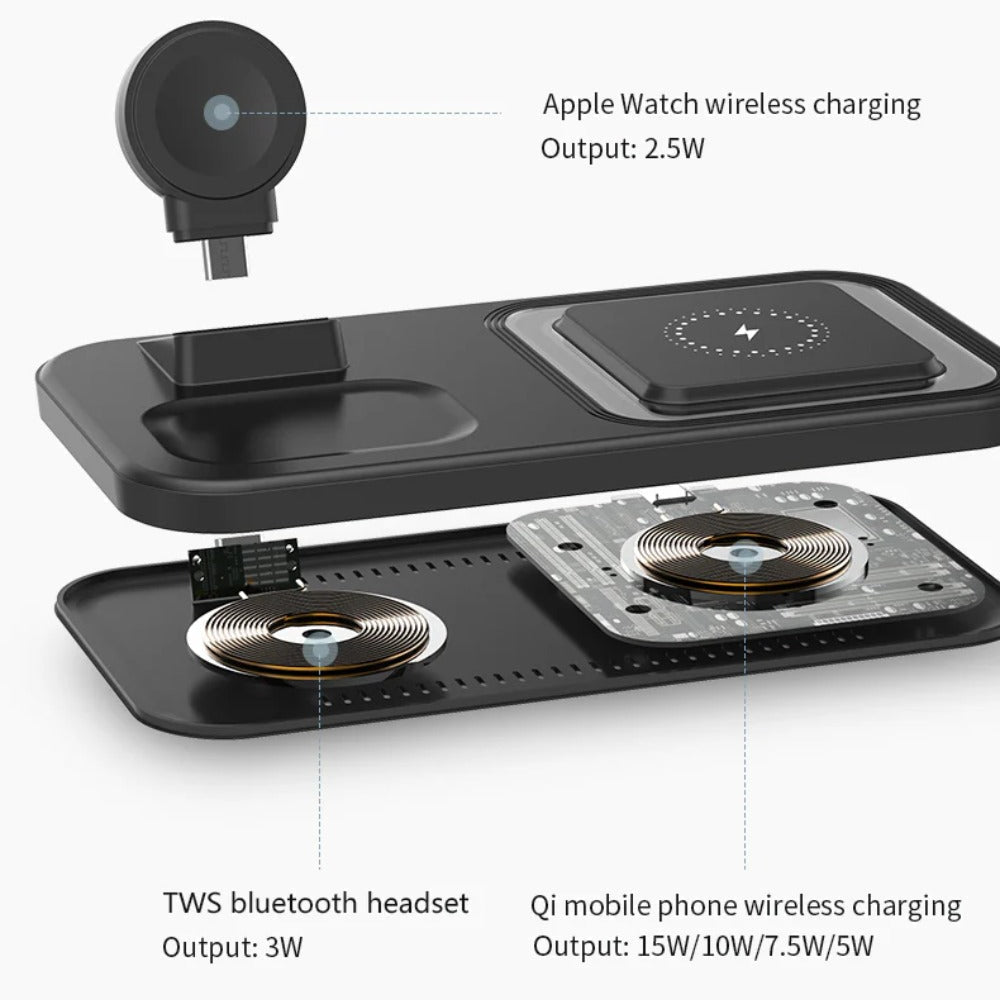 3-in-1 15W Wireless Charger Stand: Fast Charging for iPhone, Apple Watch, Earphones