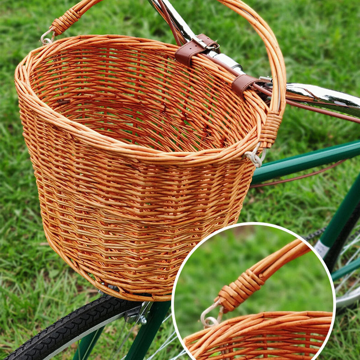 Bicycle Basket D-Shaped Vintage Rattan Bicycle Baskets Road Bike Baskets Mountain Bike Scooter Basket