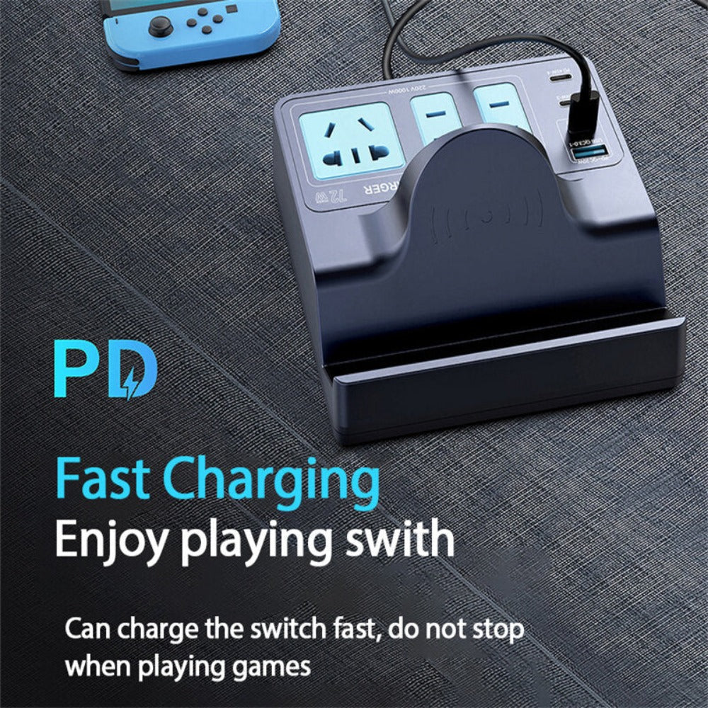 72W 7-Port USB PD Charger: 3 USB-C, USB-A, 3 AC, Wireless Fast Charger for iPhone, Hui, Xiaomi