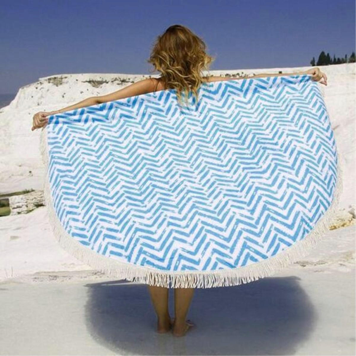 150CM Cotton Blue Stripe Round Summer Beach Tapestry Towel Tassels Blanket Fitness Yoga Mats