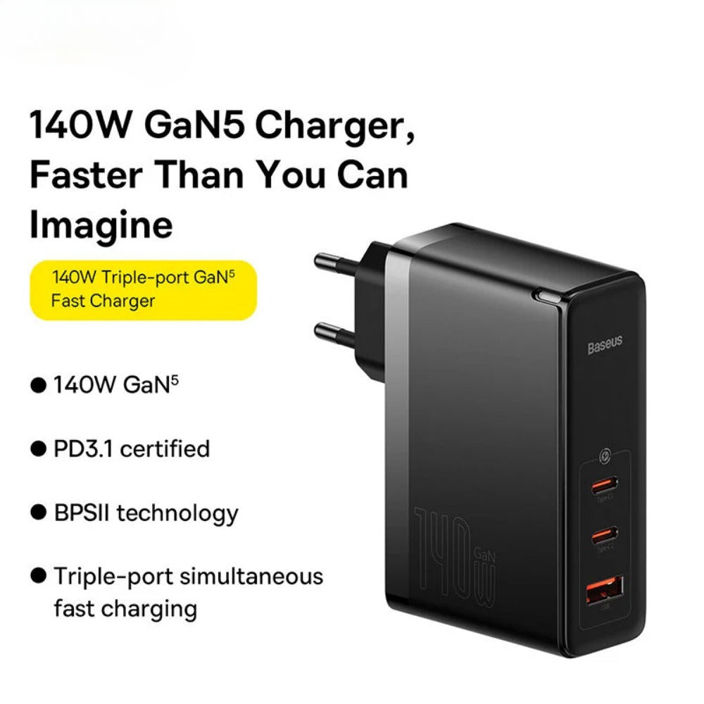 GaN5 Pro 140W 3-Port USB PD Charger Fast Charging Adapter with 240W Type-C Cable