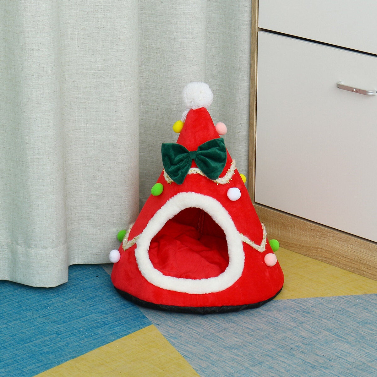 Cat Pet Dog Christmas Tree Shape Velvet Warm House Cave Beds Indoor Cats Cozy Wool Igloo Pet House