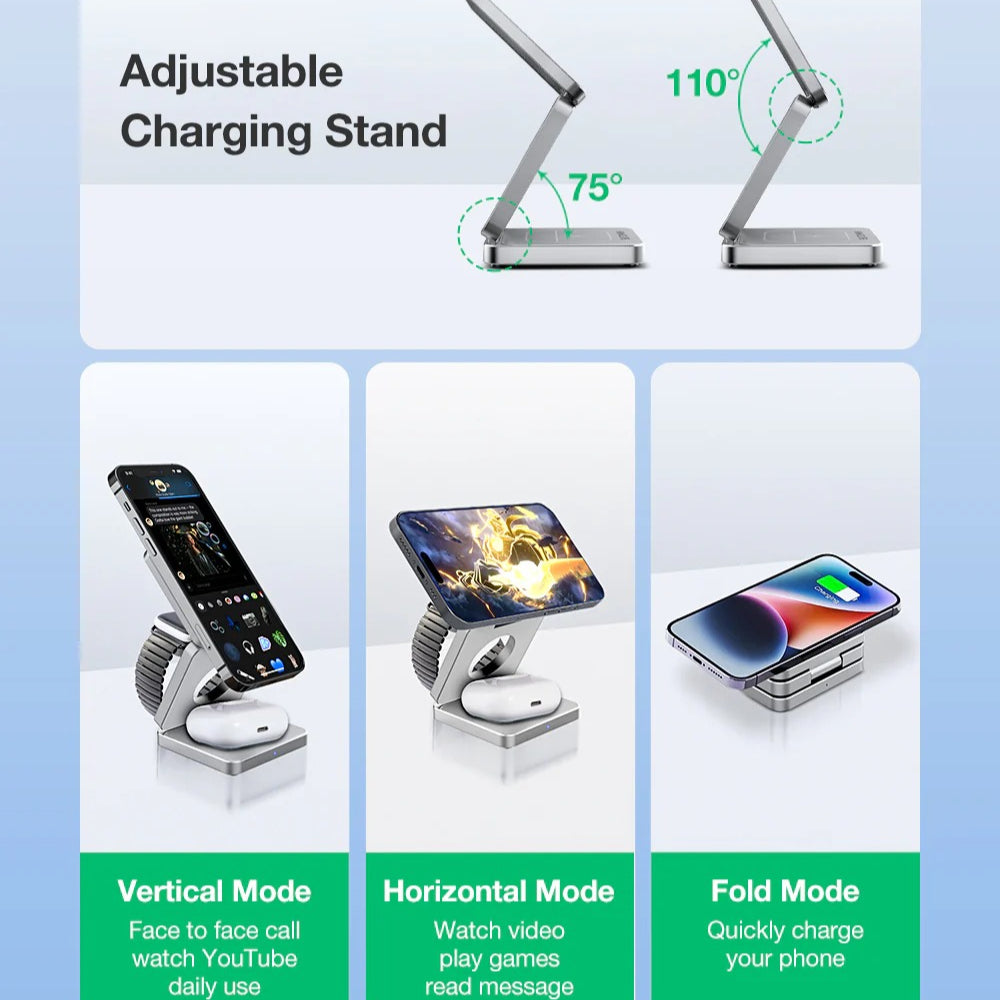 3-in-1 15W Foldable Magnetic Wireless Charger for iPhone, Apple Watch, AirPods - Fast Charging Station