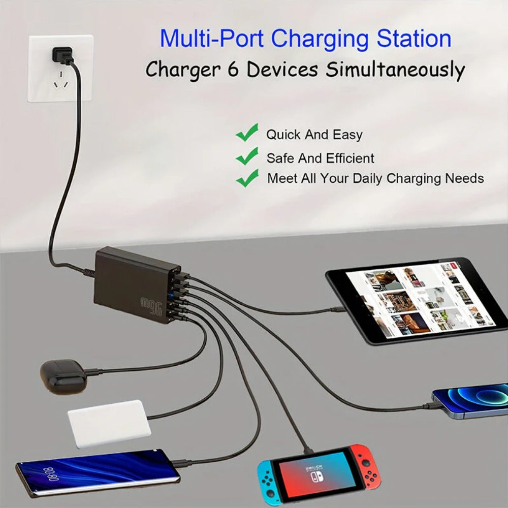 6-Port USB PD Charger: 3 USB-C + 3 USB-A, Fast Charging Station for iPhone, Hui, Samsung, Oppo