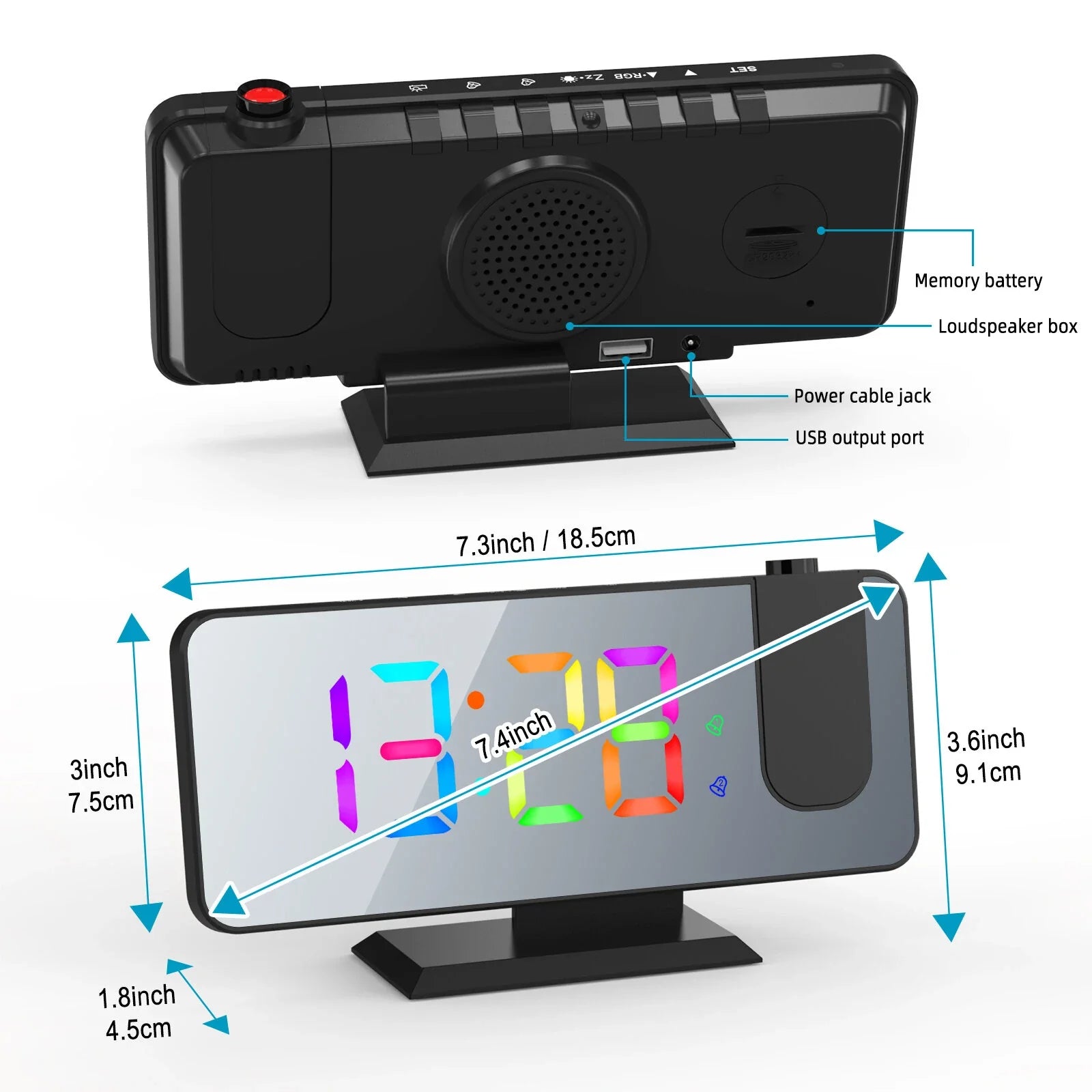 RGB LED Projection Alarm Clock: 180° Projector, 11 Colors, Mirror Surface, USB Charger, Adjustable Brightness - Bedroom/Living Room